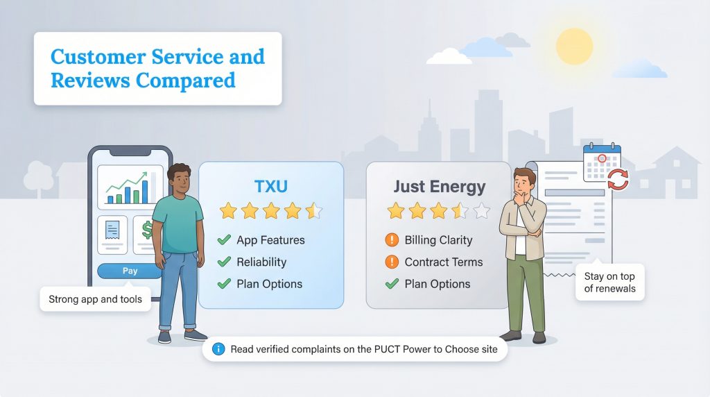 Infographic comparing TXU and Just Energy customer service, showing TXU with higher ratings.
