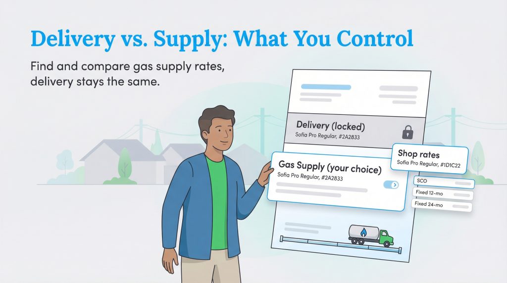 Infographic showing a man pointing to a gas bill with a locked delivery rate and adjustable supply options.