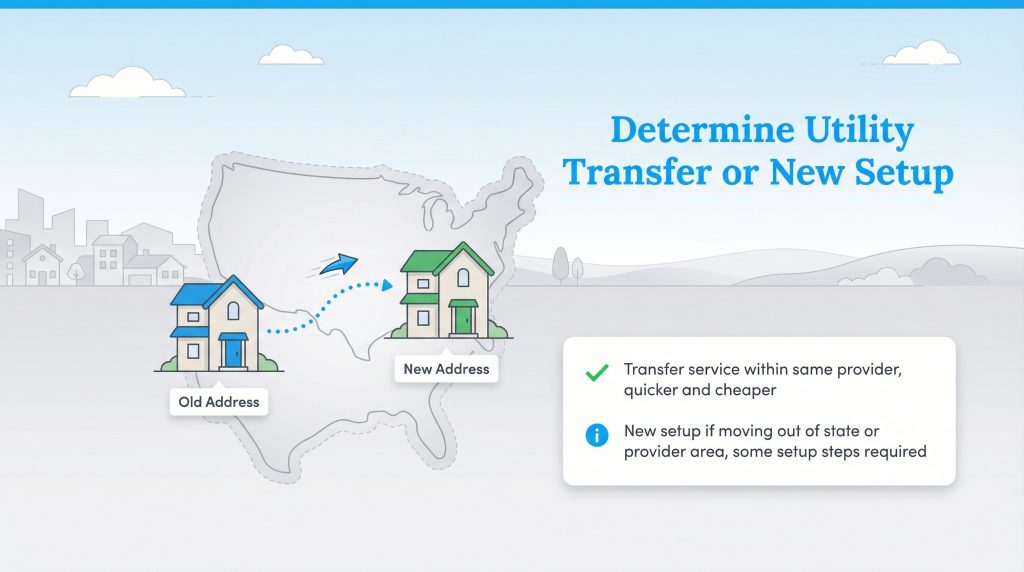Infographic illustrating the choice between transferring utility service versus a new setup when moving.