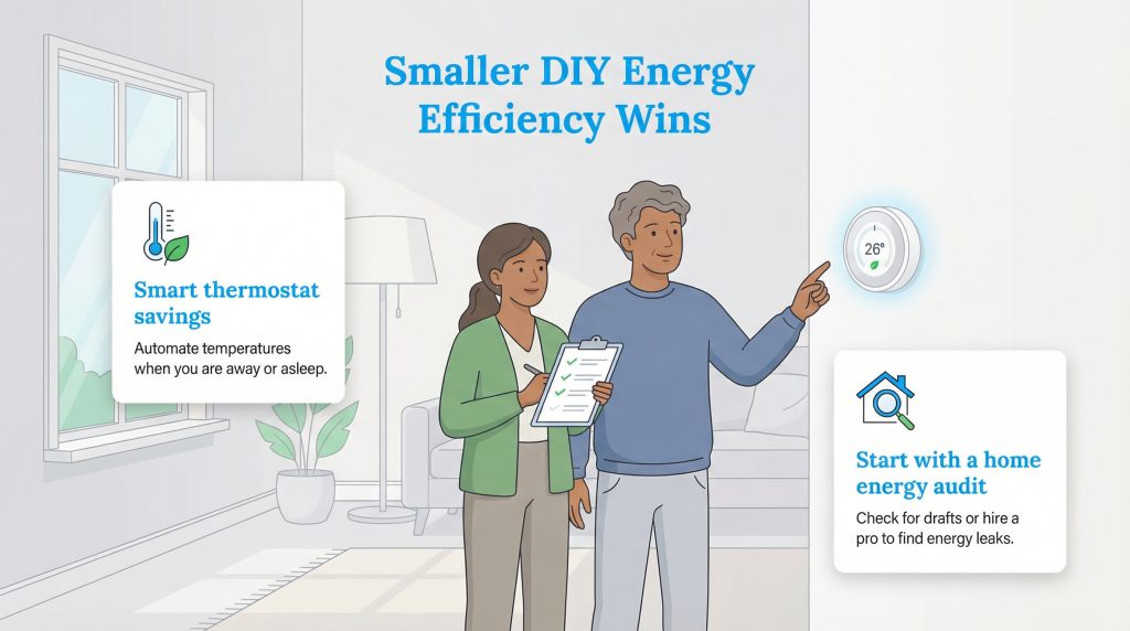 An illustration of a couple using a smart thermostat and checklist for DIY energy efficiency wins.