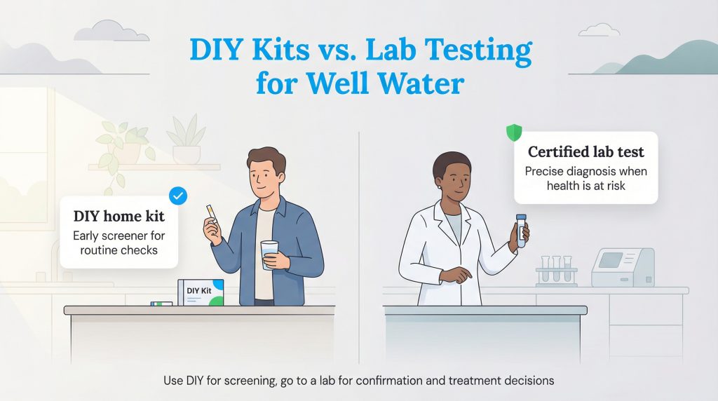 Infographic comparing a DIY home kit for well water screening with a certified lab test.