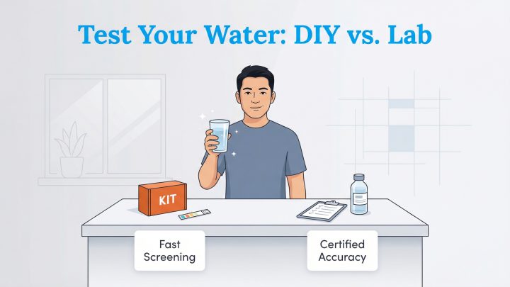 Man with water, DIY kit (Fast Screening), and lab bottle/clipboard (Certified Accuracy) on a table.