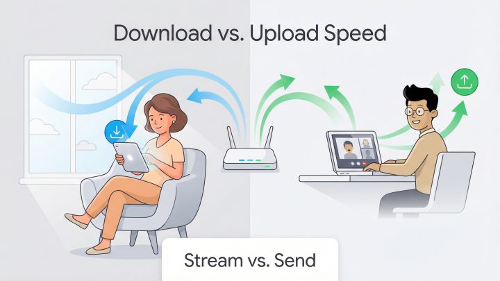 Illustration showing a woman downloading content and a man uploading data via an internet router.