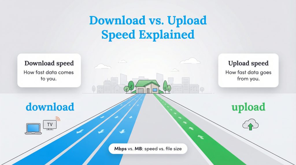 Infographic illustrating download speed as data flowing into a house and upload speed as data flowing out, using a highway analogy.