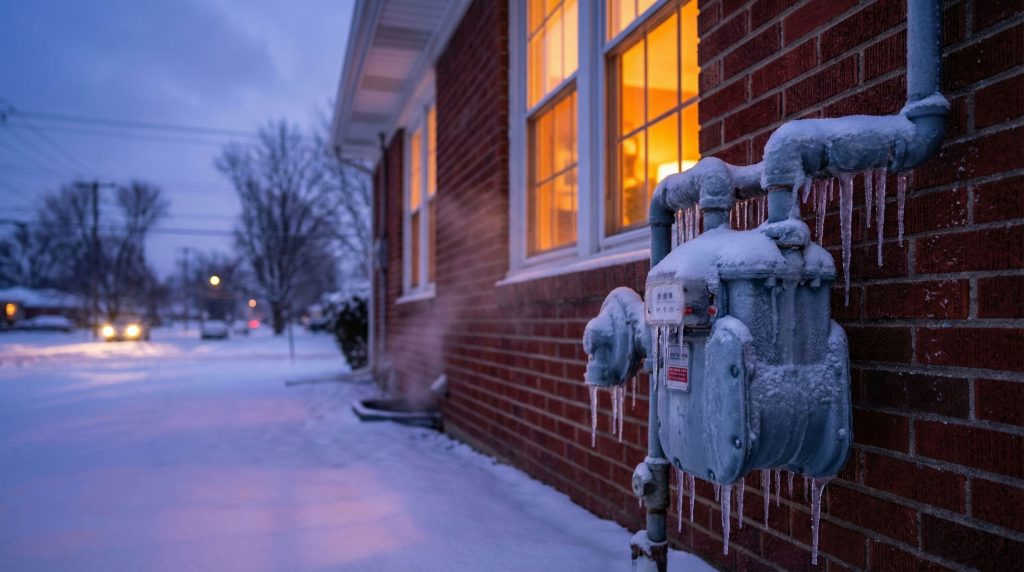 A gas meter coated in ice outside a brick home in Ohio