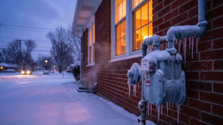 A gas meter coated in ice outside a brick home in Ohio