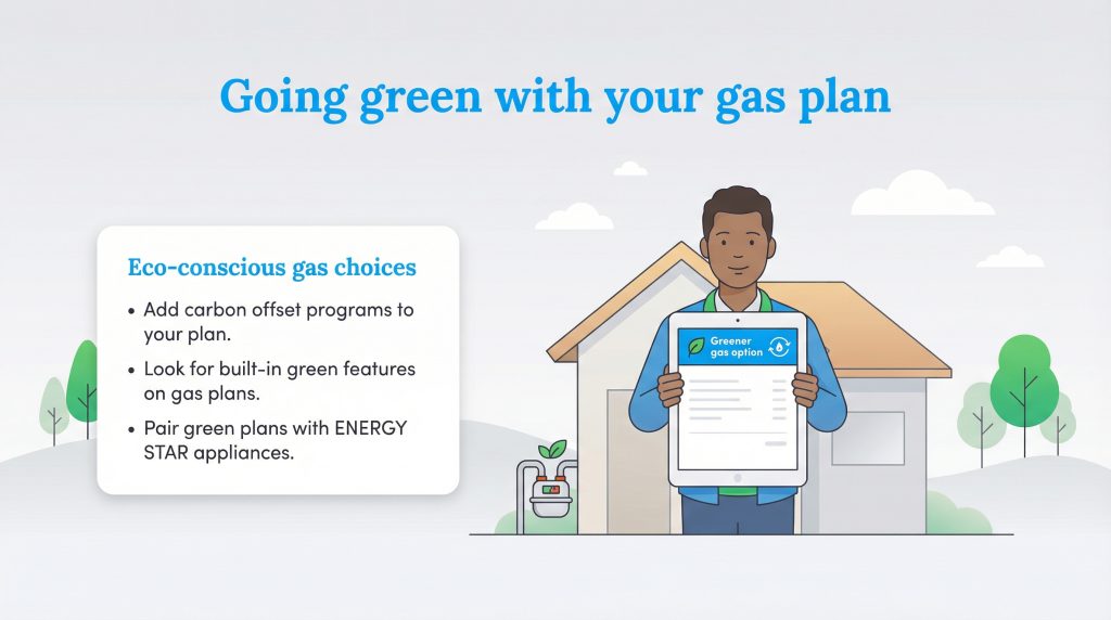 Illustration of a man presenting greener gas plan options alongside a list of eco-conscious choices.