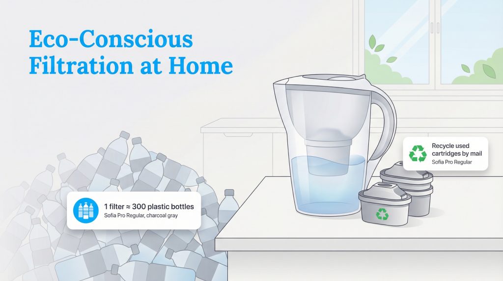 Illustration contrasting a water filter pitcher with a pile of plastic bottles, highlighting waste reduction.