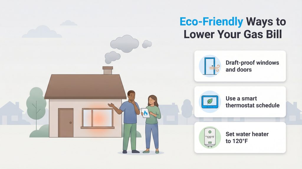 Illustration of a couple and a house with three eco-friendly tips to lower a gas bill.
