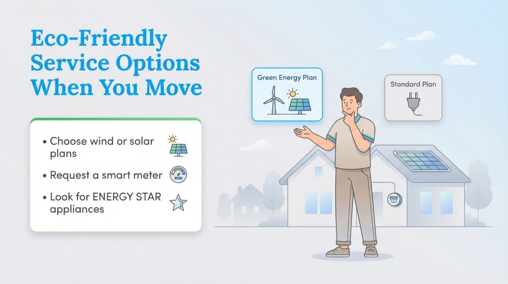 Illustration of a man choosing green energy options like wind or solar when moving to a new home.