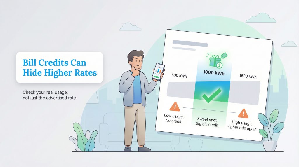 Illustration showing how electricity bill credits only apply to a narrow usage range, resulting in higher costs for low or high usage.