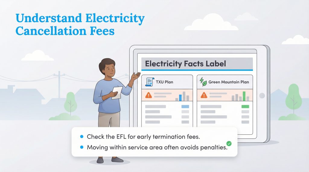 A person points to a tablet comparing TXU and Green Mountain Energy Electricity Facts Labels and their cancellation fees.