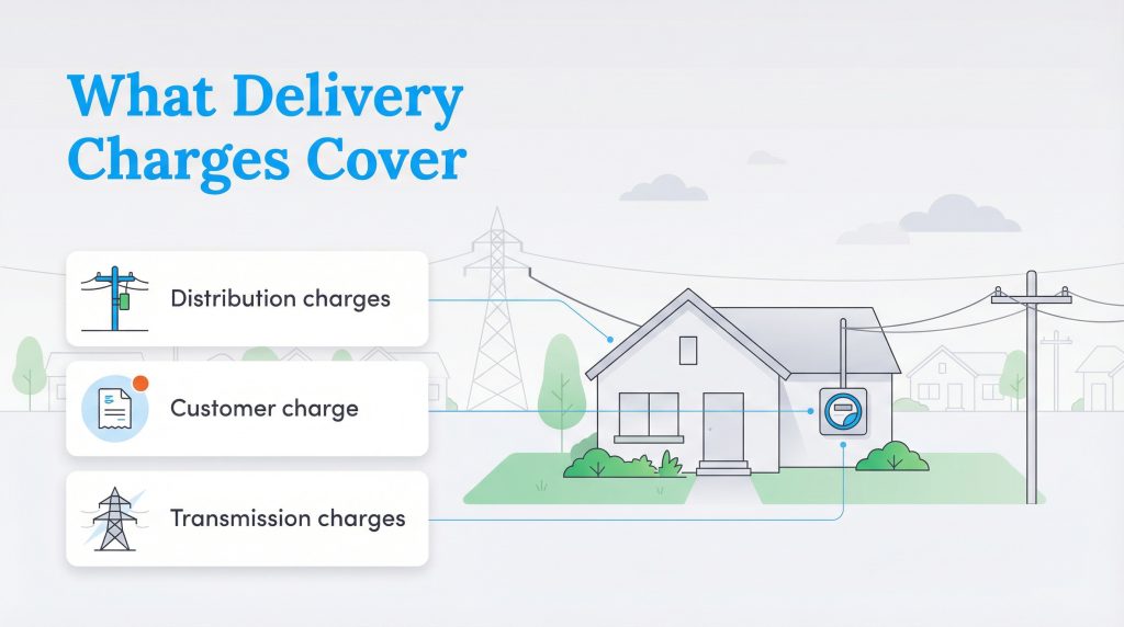 Diagram titled What Delivery Charges Cover showing distribution, customer, and transmission fees.