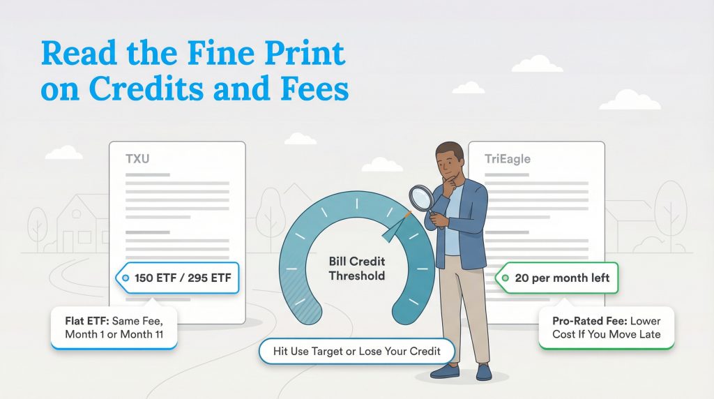 Illustration of a man comparing TXU's flat early termination fee with TriEagle's pro-rated fee and a bill credit threshold.