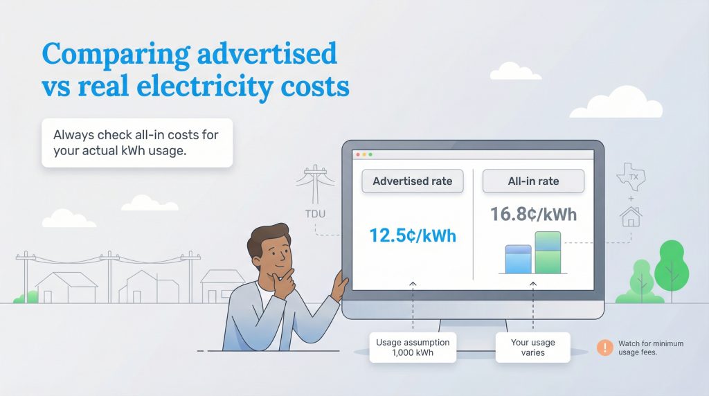 Infographic illustrating the difference between a 12.5 cent advertised electricity rate and a 16.8 cent all-in rate on a computer screen.