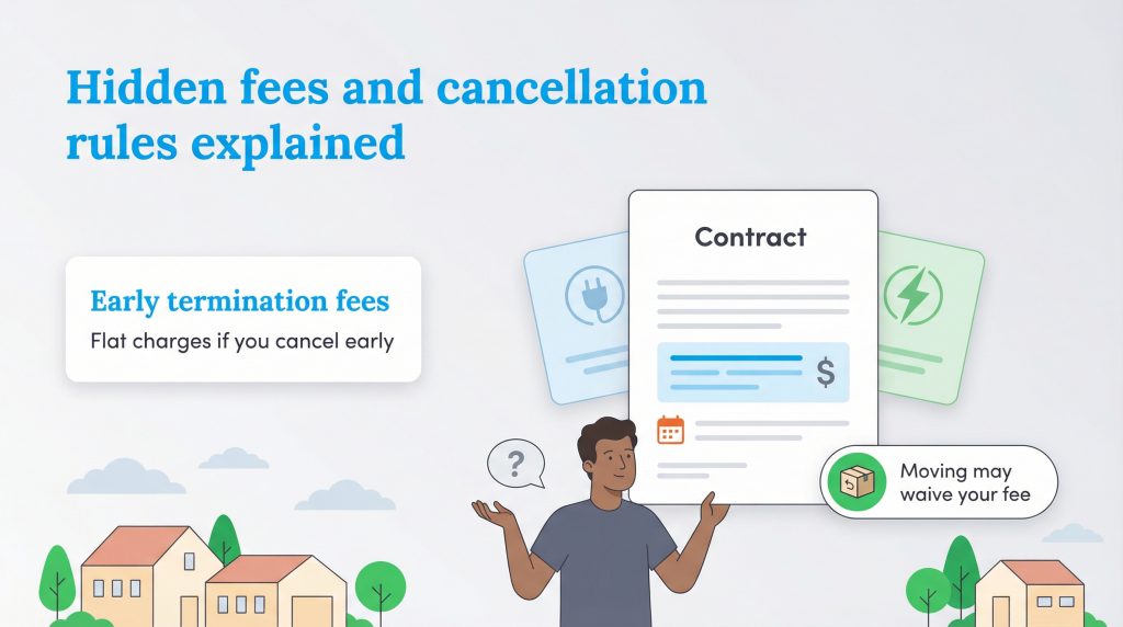 A man looks at a contract document, with text bubbles explaining early termination fees as flat charges for cancelling early, and that moving may waive the fee.