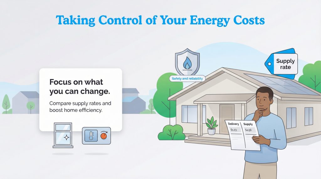 An infographic showing a person looking at an energy bill, with icons pointing to supply rates and home efficiency as areas they can control.