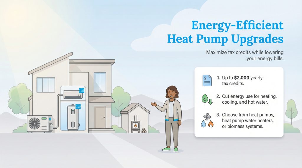 Illustration of a house with a heat pump system and a woman presenting benefits like tax credits.