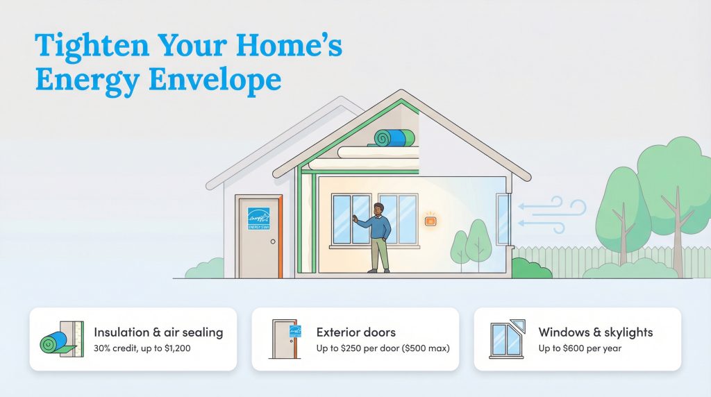 Illustration of a house showing insulation, new windows, and doors with tax credit information.