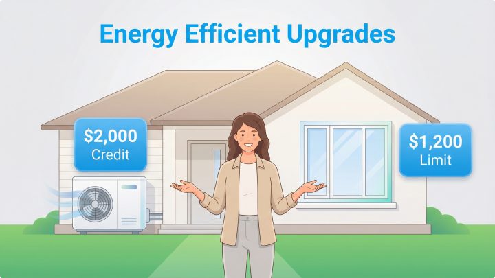 A woman stands in front of a house with a heat pump and new windows, pointing to two boxes: one saying $2,000 Credit and the other $1,200 Limit.