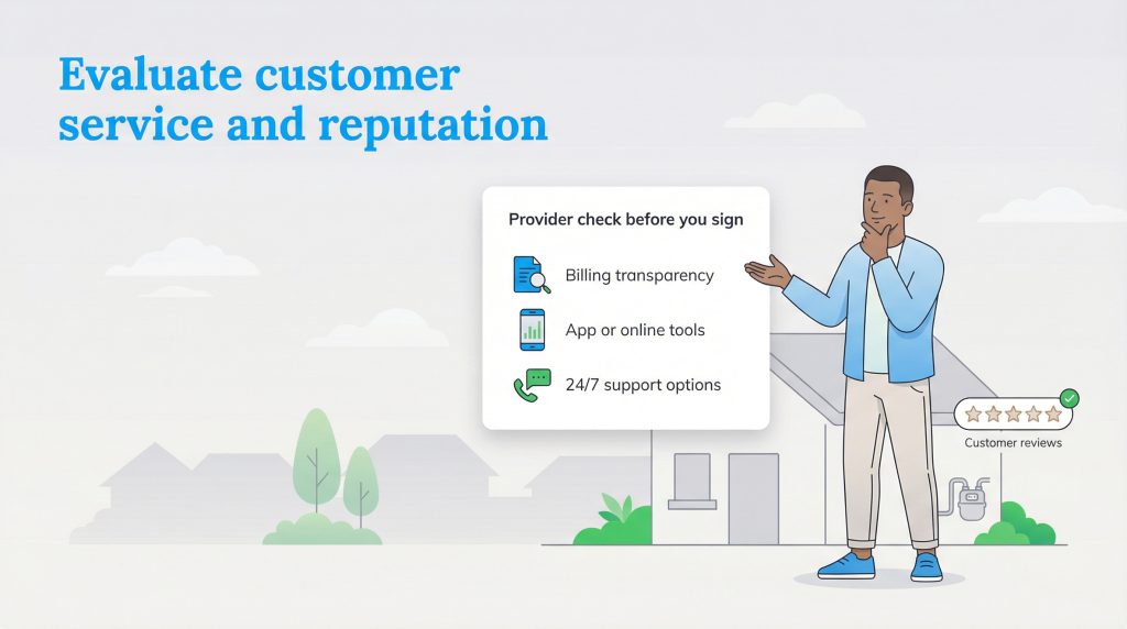 A man checks a checklist for billing, tools, and support, alongside customer reviews.