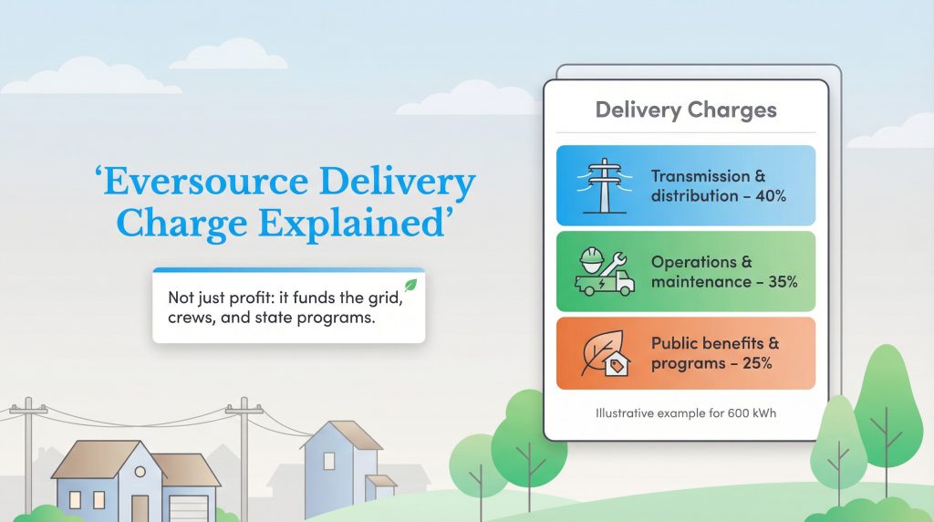 Infographic illustrating Eversource delivery charge components: Transmission & distribution (40%), Operations & maintenance (35%), and Public benefits & programs (25%).