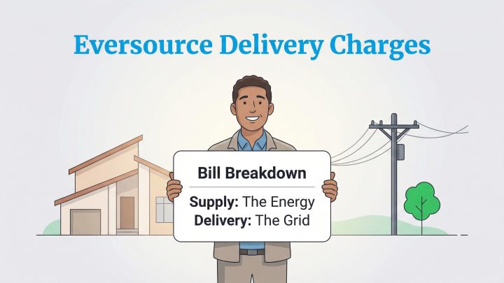 Illustration of a man holding a sign about Eversource bill breakdown: Supply (The Energy) and Delivery (The Grid), with a house and power lines behind him.