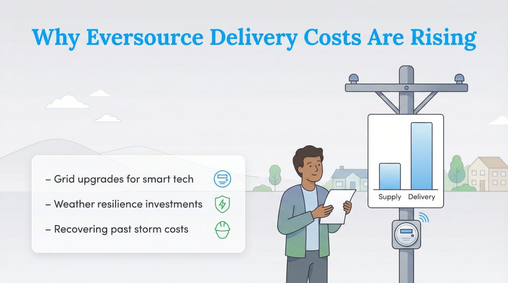 A man reads a bill next to a graph showing high delivery costs, with points explaining reasons like grid upgrades, weather resilience, and storm costs.