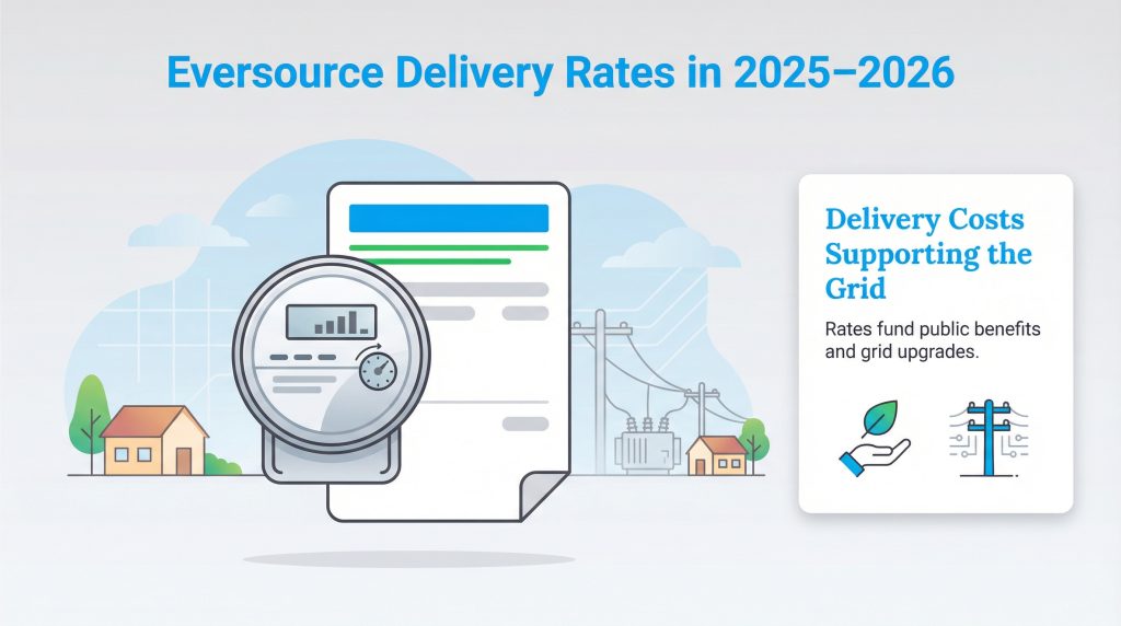 Infographic showing Eversource delivery rates in 2025-2026 fund public benefits and grid upgrades.