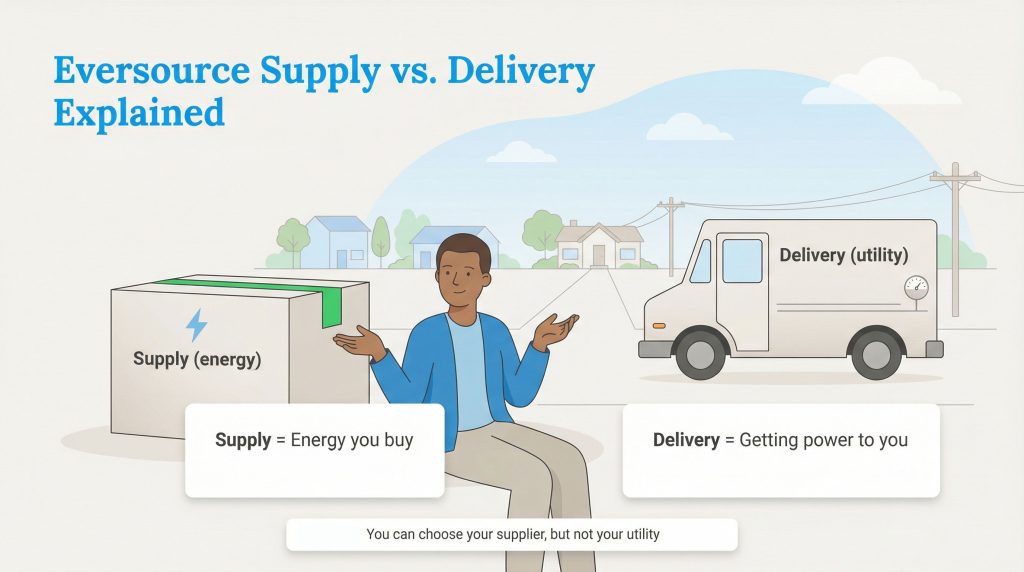 Infographic comparing Eversource supply (energy package) vs delivery (truck service) with text explanations.