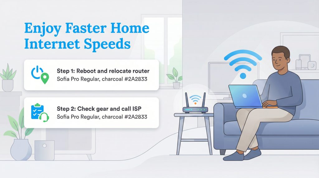 Infographic listing steps to improve home internet speeds, showing a man enjoying fast Wi-Fi on a couch.
