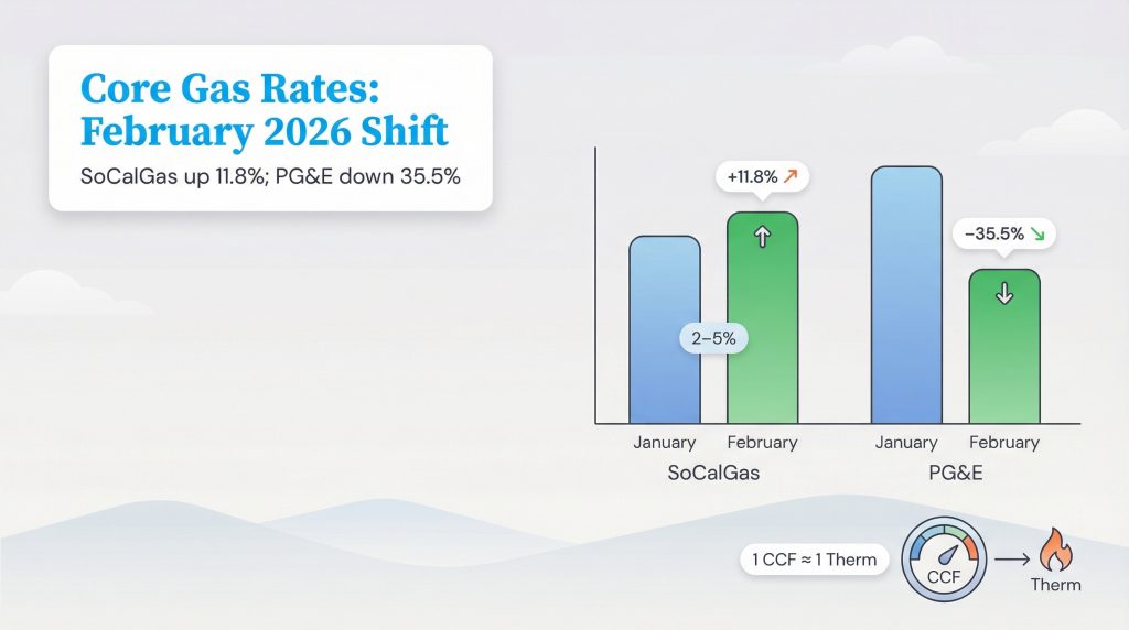 Chart showing SoCalGas rates increased 11.8% and PG&E rates decreased 35.5% in February 2026.