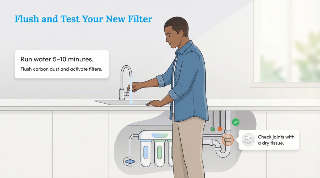 Man flushing a new water filter by running the faucet while checking under-sink plumbing for leaks with a tissue.