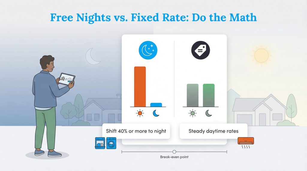 A graphic titled 'Free Nights vs. Fixed Rate: Do the Math' shows a person comparing energy usage patterns to determine the most cost-effective plan.