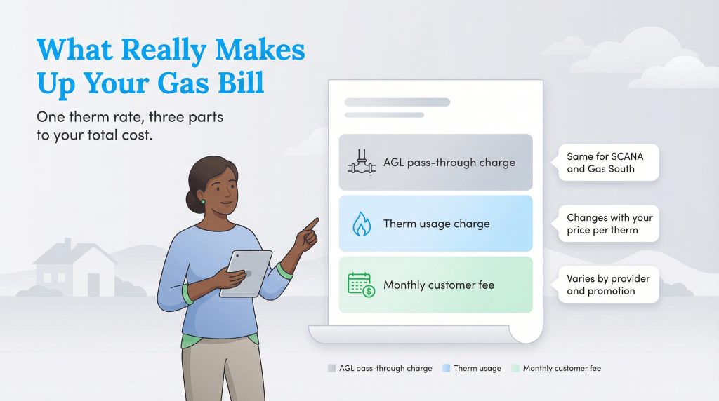 Infographic illustrating the three components of a gas bill: AGL charge, therm usage, and monthly fee.