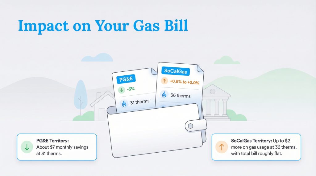 Diagram showing a wallet with a PG&E bill decreasing 3% and a SoCalGas bill increasing slightly.