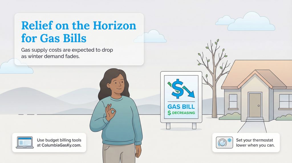 Infographic showing a woman with a decreasing gas bill sign, suggesting lower costs, and tips for saving money.