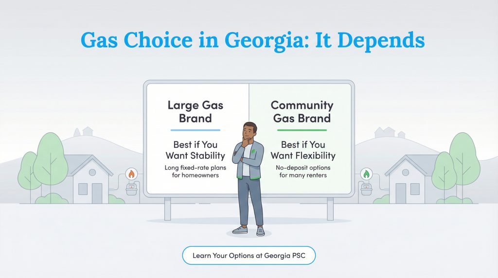 Illustration comparing large vs community gas brands for stability or flexibility in Georgia.