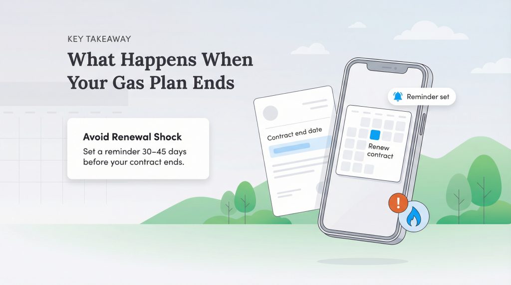 Infographic advising to set a reminder 30-45 days before a gas contract ends to avoid renewal shock.