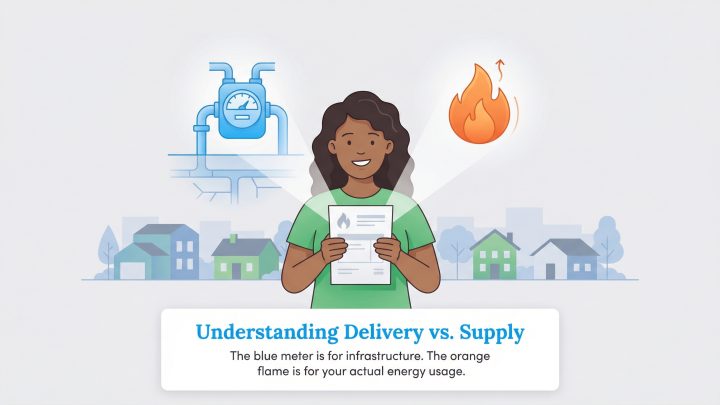Infographic explaining the difference between gas delivery (blue meter, infrastructure) and supply (orange flame, energy usage) charges on a bill.