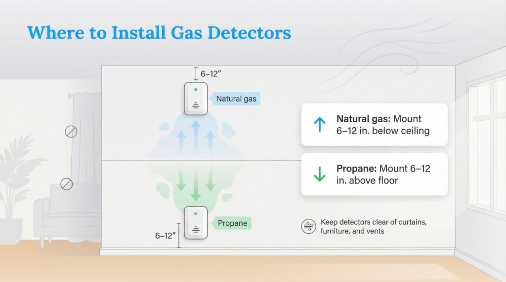 Diagram illustrating that natural gas detectors should be mounted high and propane detectors low.