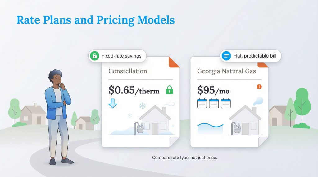 Comparison of Constellation fixed rate per therm versus Georgia Natural Gas flat monthly bill.