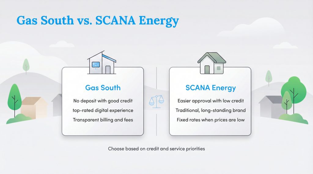 Comparison chart for Gas South (good credit, digital focus) vs. SCANA Energy (low credit, traditional brand).