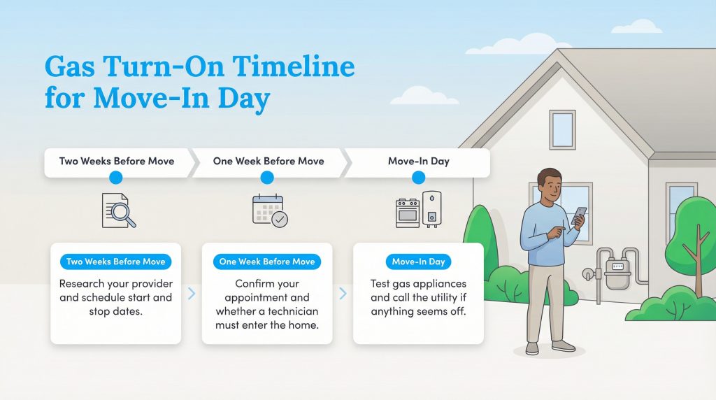 Infographic showing a timeline for turning on gas service before and on move-in day.