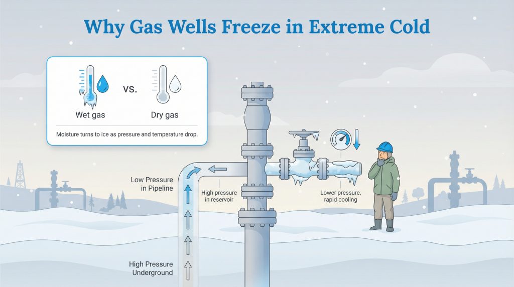 Infographic diagram showing a frozen gas well valve in cold weather due to pressure changes.