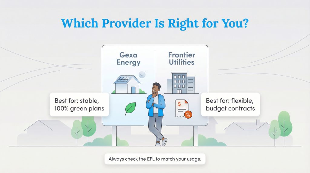 Illustration comparing Gexa Energy's stable, green plans versus Frontier Utilities' flexible, budget contracts.