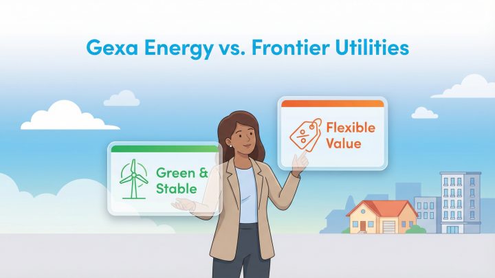 Illustration comparing Gexa Energy and Frontier Utilities plans: Green & Stable vs. Flexible Value.