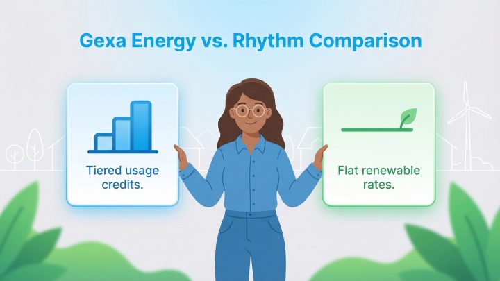 Woman compares Gexa Energy's tiered usage credits with Rhythm's flat renewable rates.