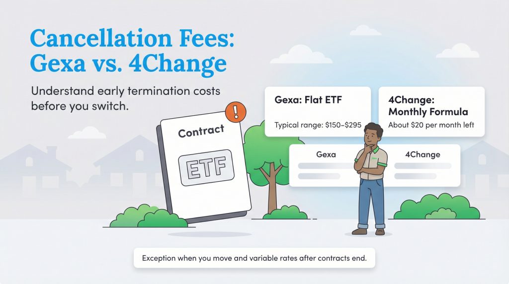 Infographic comparing Gexa Energy's flat early termination fee ($150-$295) to 4Change Energy's monthly formula ($20/month left).