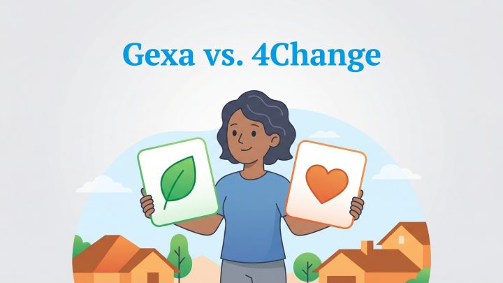 A woman holds a sign with a leaf and another with a heart under the text "Gexa vs. 4Change".